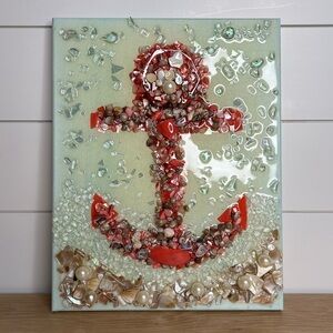 Pearls Shells Beach Anchor Resin‎ Painted Canvas. Size 11” x 14”.